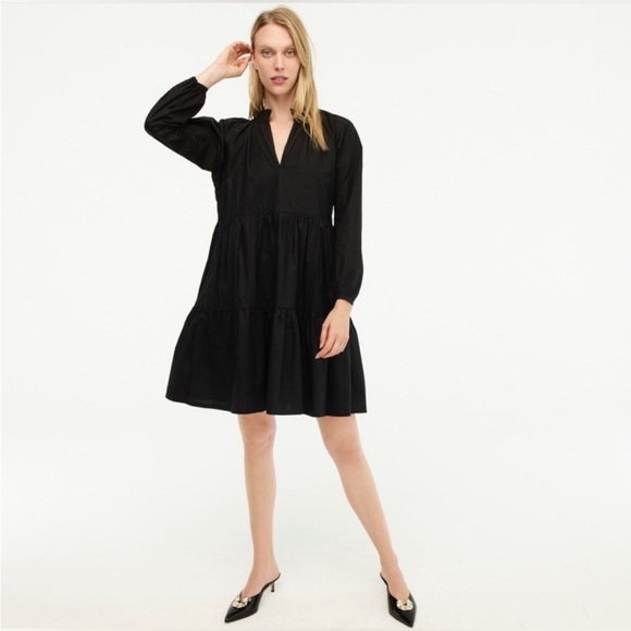 J. Crew Tiered Cotton Popover Long Sleeve Dress Black size Large - Picture 1 of 10